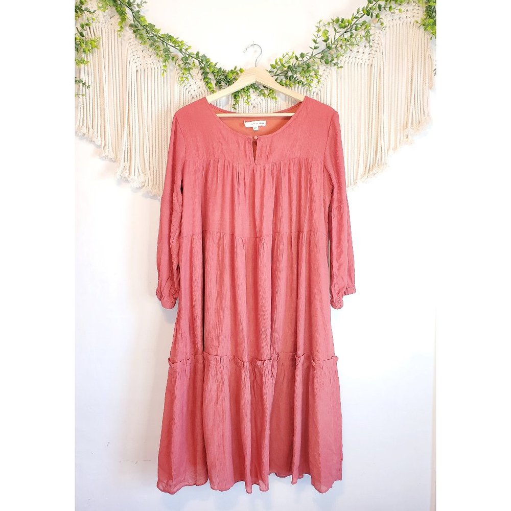 Orange Creek Red Orange Ruffle 3/4 Sleeve Babydoll Midi Dress, Size S/M